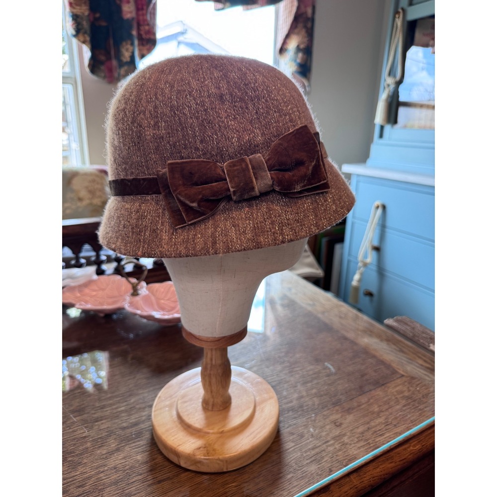 August Hat Company Brown Gold Lurex Wool Blend Cloche Hat Velvet Bow Accent - Picture 5 of 7
